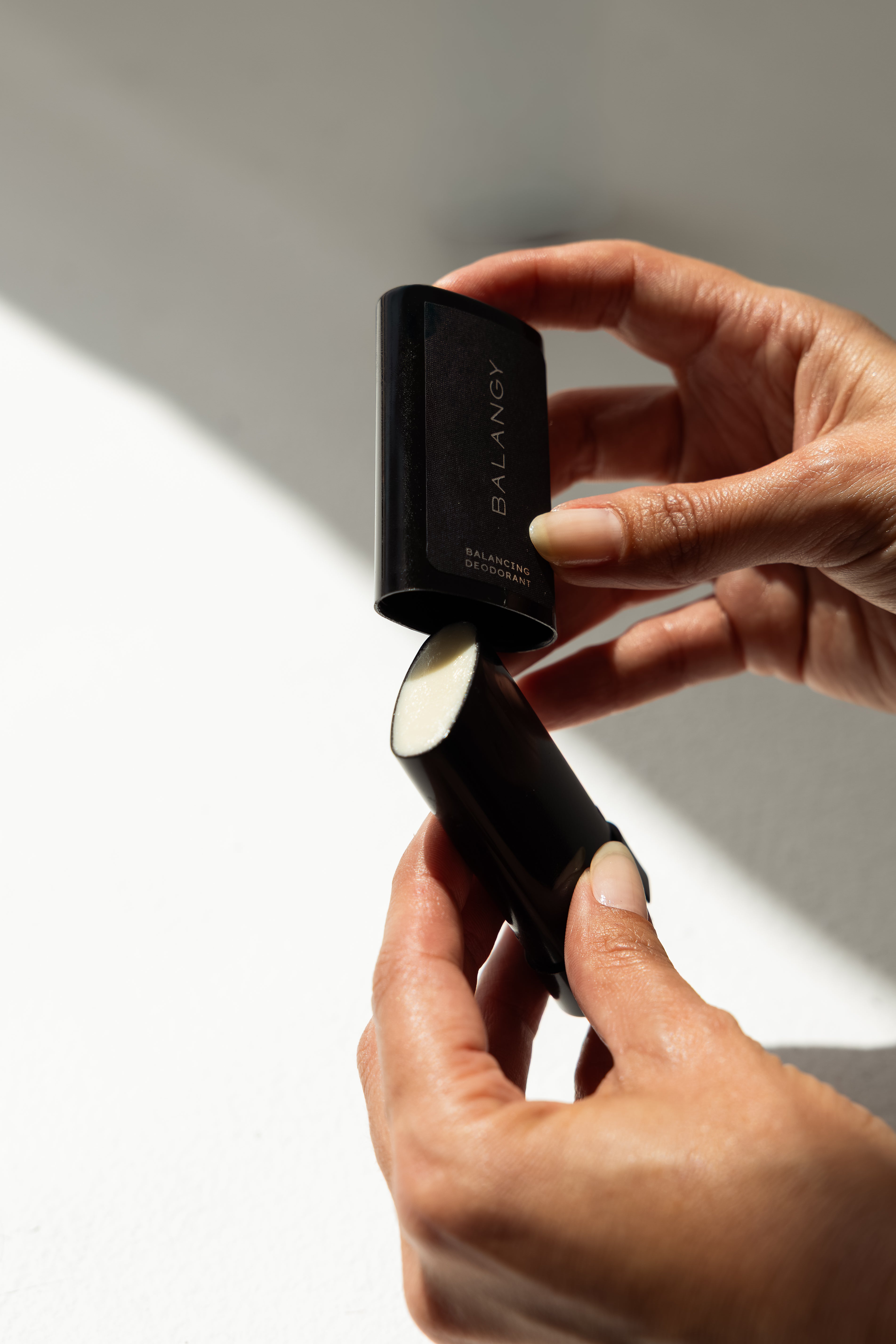 Balangy Balancing Deodorant Stick — aluminum free overnight deodorant, opened in hand